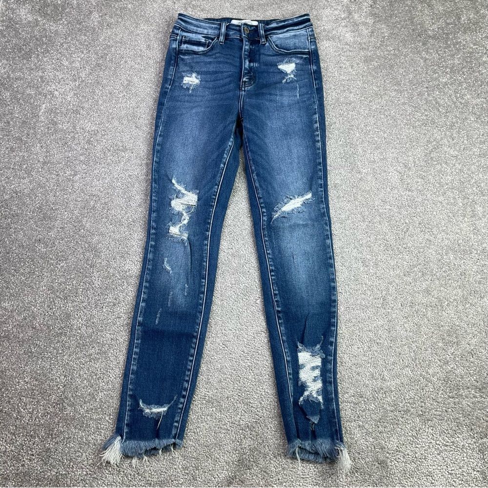 Kancan Jeans Women’s 26 Blue Skinny High Rise Dark Wash Distressed Frayed Hem